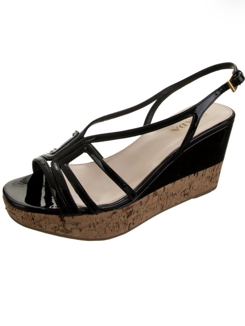 Prada Black Patent Leather Cork Wedge Slingback Sandals